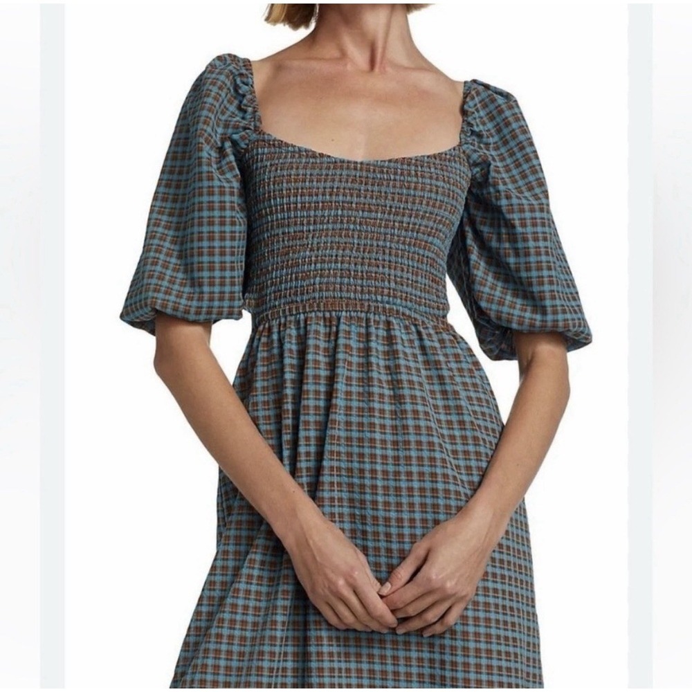 WAYF Cutout Smocked Midi Dress‎ Blue and Brown Gingham Plaid Cottage Core L NWT